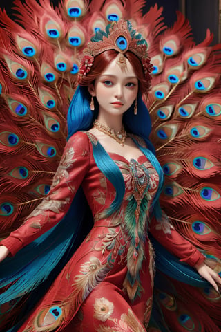 (masterpiece:1.3), perfect anatomy, A red peacock girl with its wings outstretched in richly-colored feathers, Polarized dress, stylish pose, ((highest quality, 16k, ultra-detailed, super-realism, photo-realistic)), Incredibly beautiful, detailed skin, detailed eyes