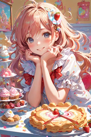 masterpiece, best quality, perfect anatomy, anime illustration, pixiv, kawaii, upper body, A girl sits and rests her cheek on her desk, Strawberry shortcake, candy, chocolate slabs, cream puffs, soft serve ice cream, parfaits, crepes, macaroons, apple pie, pancakes, a dreamy mental scene of many sweets popping out from the center of a colorful swirl, A slight blush on my cheeks, a twinkle in my eyes, and a smile on my face, What a happy time!