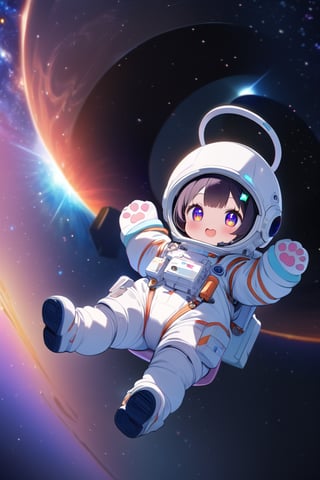 (a girl from black hole), (ultimately adorable:1.4), (incredibly cute:1.4), (super kawaii:1.4), spacesuit, full body, beautiful galaxy, (masterpiece:1.3), ((highest quality, 8k, ultra-detailed)), perfect anatomy, detailed eyes, anatomically correct hands, very clear and precise images