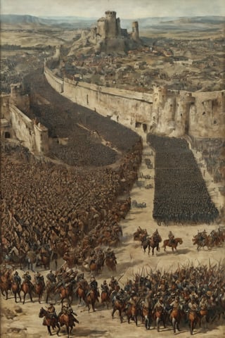 (masterpiece:1.3), Tens of thousands of enemy soldiers rush to the gates of the huge fortified city, A magnificent sight. View from the sky, A grand and spectacular scene, ((highest quality, 16k, ultra-detailed))