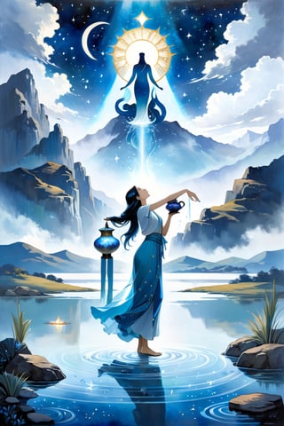 A serene aquarius zodiac sign inspired image: a mystical water bearer stands amidst a soft blue misty veil, pouring celestial waters from an ornate jug into a tranquil lake. The figure's gentle gaze and ethereal aura evoke the signs' intuitive and humanitarian qualities. Framed by misty mountains, this dreamlike scene captures the essence of Aquarius.,Movie Poster, ,T-shirt design
