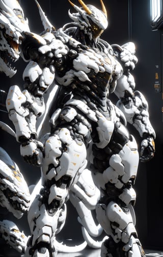 An white dragon Robot Mecha Soldier, Wearing Futuristic gold and black Soldier Armor and Weapons, sitting, front view, Reflection Mapping, Hyper Detailed, Cinematic Lighting Photography, nvidia rtx, super-resolution, unreal 5, subsurface scattering, pbr texturing, 32k UHD