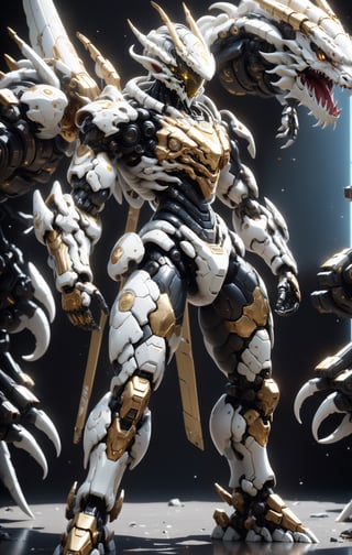 An white dragon Robot Mecha Soldier, Wearing Futuristic gold and black Soldier Armor and Weapons, front view, Reflection Mapping, Hyper Detailed, Cinematic Lighting Photography, nvidia rtx, super-resolution, unreal 5, subsurface scattering, pbr texturing, 32k UHD