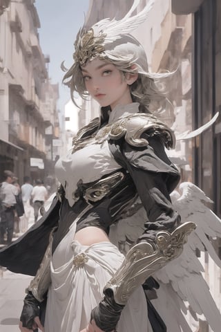 A regal, armored figure with angelic features stands central in a European-style cityscape. The intricately designed armor showcases a metallic sheen in reflective silver with golden trimmings, highlighting its curvature and filigree patterns. Segmented and layered for flexibility and protection, the armor includes gauntlets, breastplate, pauldrons, and a decorative tasset. The polished helmet, with angled eye slits, crests into sweeping designs, and a golden halo hovers above. Large white feathered wings, softly glowing, drape from the figure's shoulders. The background, a blurred Renaissance or Baroque cityscape, contrasts with the sharp focus on the powerful and graceful figure, exuding an otherworldly presence.