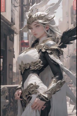 A regal, armored figure with angelic features stands central in a European-style cityscape. The intricately designed armor showcases a metallic sheen in reflective silver with golden trimmings, highlighting its curvature and filigree patterns. Segmented and layered for flexibility and protection, the armor includes gauntlets, breastplate, pauldrons, and a decorative tasset. The polished helmet, with angled eye slits, crests into sweeping designs, and a golden halo hovers above. Large white feathered wings, softly glowing, drape from the figure's shoulders. The background, a blurred Renaissance or Baroque cityscape, contrasts with the sharp focus on the powerful and graceful figure, exuding an otherworldly presence.