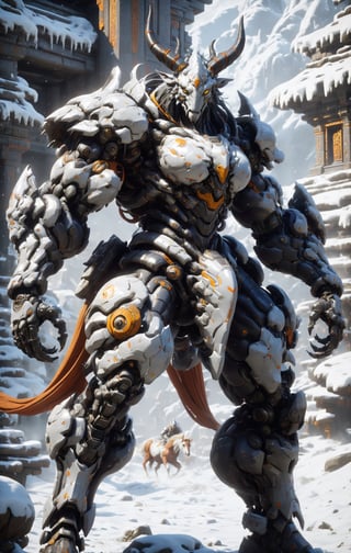 terrifying ultimate beast centaur with horse half body, cyborg complex armor, fighting pose in middle snowy temple, misty snowstorm, Hyper Detailed, Cinematic Lighting Photography, nvidia rtx, super-resolution, unreal 5, subsurface scattering, pbr texturing, 32k UHD