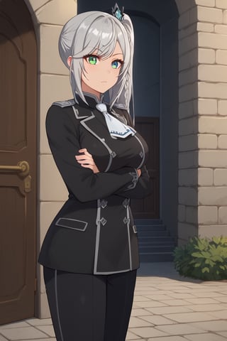 score_9, score_8_up, score_7_up,  livia_wz, very long hair, side ponytail, grey hair, heterochromia,  blue eyes, green eyes,  braid , shiny skin,  braid, hair ornament, white ascot,long sleeves, black jacket, jewelry, black pants, cowboy shot, crossed arms, standing, brick wall, castle, outdoors, door, street, guard, looking at viewer,