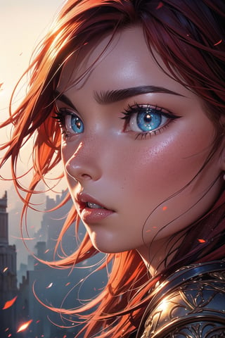 Prompt: masterpiece, best quality,(extremely intricate), (realistic), high tech, maximalism, photorealistic, highly detailed, sword, beautiful girl face, combat, J.C. Leyendecker, red hair, brench hair, focus face, looking away, volumetric light, realistic:2, 1girl, 8k, intricate, elegant, highly detailed, majestic, digital photography, (masterpiece, sidelighting, finely detailed beautiful eyes: 1.2), hdr, full_body, mage, age24:2, elven girl, red hair, long ears, freckles, light_purple_eyes, ((ivory tech armor:1.2)), ((glowing_iris1.5)), Warframe, shine eyes01, long_ears