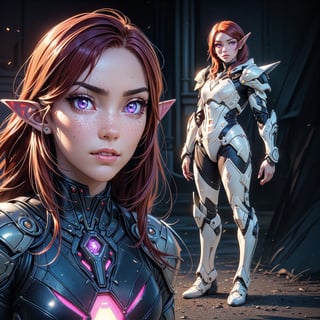 Prompt: masterpiece, best quality,(extremely intricate), (realistic), high tech, maximalism, photorealistic, highly detailed, beautiful girl face, combat, J.C. Leyendecker, ((red hair:1.2)), brench hair, focus face, looking away, volumetric light, realistic:2, 1girl, 8k, intricate, elegant, highly detailed, majestic, digital photography, (masterpiece, sidelighting, finely detailed beautiful eyes: 1.2), hdr, ((full_body:2)), mage, age24:2, elven girl, red hair, long ears, freckles, ((light_purple_eyes:1.2)), ((ivory tech armor:1.4)), ((glowing_iris1.5)), Warframe, shine eyes01, long_ears, chainmail, solo_female