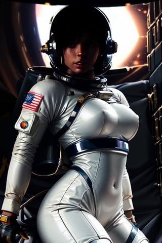 40 year old woman in space with astronaut suit.