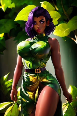 elf woman dark skin short dark purple hair and honey eyes wearing leaf dress 