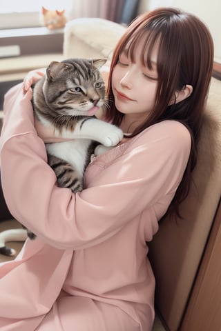 mikas
A beautiful lady in a nightgown who loves her pet cat and always sleeps with it is happily sleeping while hugging the cat.