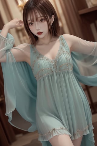 mikas
Long flowing chiffon nightdress with hand-beaded details."
"Regal satin night-robe with deep jewel-toned colors and cascading ruffles.