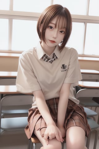 mikas
1girl, solo, short hair, skirt, brown hair, shirt, sitting, school uniform, short sleeves, plaid, plaid skirt, between legs, hand between legs, realistic, head out of frame