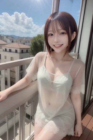 mikas
A smiling cute girl basking in the morning sun on the balcony wearing a see-through nightgown