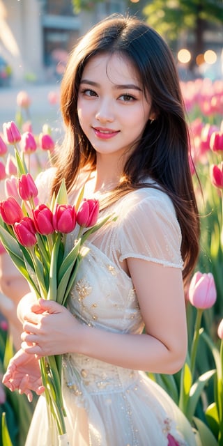 absurdres,  highres,  ultra detailed,  (1girl:1.3), smile , sunlight , lens flare reflection,lomography,  analog photography,  vibrant colors,  soft focus,  light leaks,  dreamy atmosphere,  experimental charm,  nostalgic appeal, looking into the viewer, tulips flower farm in bg, holding 1 tulip flower in right hand, perfect fingers,1 girl