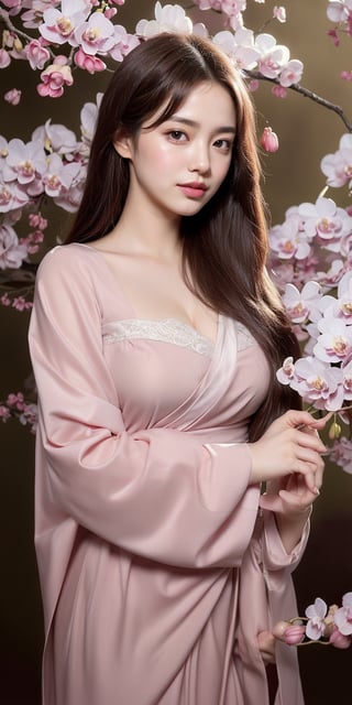 (masterpiece, top quality, best quality, official art, beautiful and aesthetic:1.2), (1girl), extreme detailed,(abstract, fractal art:1.3),highest detailed, detailed_eyes, light_particles, hanfu,jewelry, sexy, ,red,cherry blossom,The left hand's orchid fingers pinch a branch blooming with cherry blossoms,The right hand's orchid fingers lightly pinch the left sleeve,1 girl,realhands