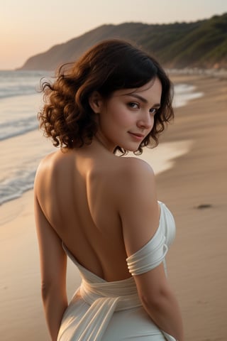An image of a woman with her back turned to the camera, looking over her shoulder with a serene expression. Her arms are crossed behind her, with her left hand gripping her right arm, elegantly highlighting the contours of her back. She has voluminous, curly hair that tumbles over one shoulder. The fabric wraps around her, suggesting a sense of graceful drapery. The setting is softly blurred with warm, ambient lighting that hints at a beach scene during golden hour.