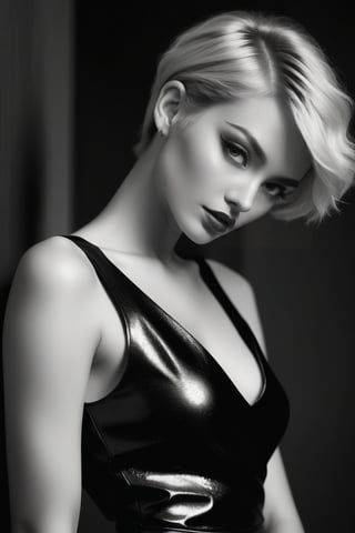 (a cute girl in a dramatic pose, 20 years old, medium breast, slim body), elegant dress, nsfw, (best quality, high quality, photograph, hyperrealism, masterpiece, 8k:1.3), burly, medium blonde pixie cut, legskin, dark skin, freckles skin, sad, (low-key lighting, dramatic shadows and subtle highlights:1.1), adding mystery and sensuality, trending on trending on artsy, concept art, (shot by helmut newton:1.1), rule of thirds, black and white,  modern, shot from side, sedicive pose,perfecteyes