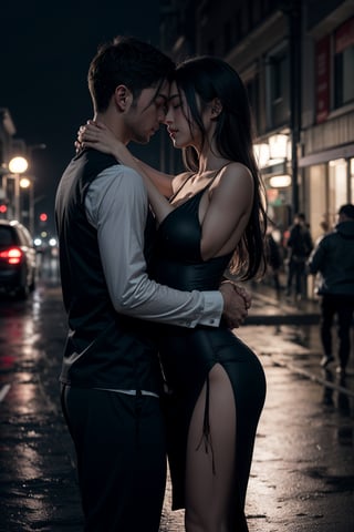 1man, slim figure entwined with 1 girl, perfect physique under the darkness of a black night and rainning. She wears a black wet silk dress The only light comes from a distant streetlamp, casting an eerie glow on their passionate kiss. The air is heavy with drama as they cling to each other, lost in the moment. background in an old street, wet clothes