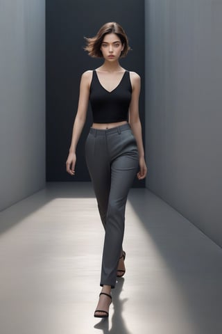 A woman walks backwards, her gaze lingering on something behind her as she moves. She wears a sleek black top that contrasts beautifully with the grey pants she's wearing. Her bright, piercing eyes are the focal point of the image, shining like beacons in the midst of a blurred background. The subtle gradient of light and shadow adds depth to the composition, drawing the viewer's attention to her enigmatic expression.