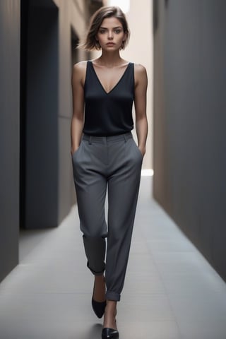 A woman walks backwards, her gaze lingering on something behind her as she moves. She wears a sleek black top that contrasts beautifully with the grey pants she's wearing. Her bright, piercing eyes are the focal point of the image, shining like beacons in the midst of a blurred background. The subtle gradient of light and shadow adds depth to the composition, drawing the viewer's attention to her enigmatic expression.