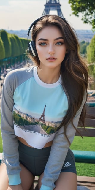 Master piece, generate image of a Girl with headphones, cap, dreamy expression, sitting a bench in the gardens of the Eiffel tower, training wear, t-shirt and sport shorts, (ultra detailed perfect piece:1.2), illustration, masterpiece, (extremely detailed CG 8k), (very fine 8K CG), (1girl:1.2), (dark hair), long hair, wavy hair, hair over one eye, sparkling, light blue eyes, looking at side,