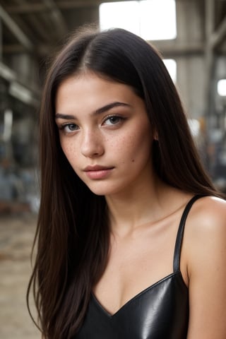A clean frontal portrait from the waist up, a hyperrealistic image of a stunning little girl of 18 years old with long flowing dark hair and captivating eyes, cute face, her parted lips radiate a sophisticated charm. In a disused factory with metal and concret, short black leather dress. Realistic details, including freckles. ((Upper body view:1.2)),photorealistic, looking at viewer, suggestive pose