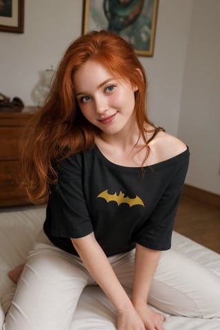 A whimsical snapshot: A provocative 25-year-old girl , ginger head, with ravishing auburn locks and freckles sits serenely, beaming at the camera with an irresistible grin. Her eyes shine like gemstones, casting a gentle glow on her porcelain skin. She wears an oversized t-shirt with batman logo and baggy sweat pants, her delicate features framed by a halo of luscious hair, suspended in time.