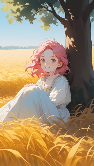 An 18-year-old girl with long pink hair, she looks a little shy, has light freckles on her face, pale to white skin, a smile and a cheerful facial expression, 
she wears light clothing,
the woman is fully visible in the image, resting against a tree which is centered in the image, the right and left sides of the image give a view of a large, sunny wheat field, but the woman takes up most of the space in the image, the whole of her body can be seen.