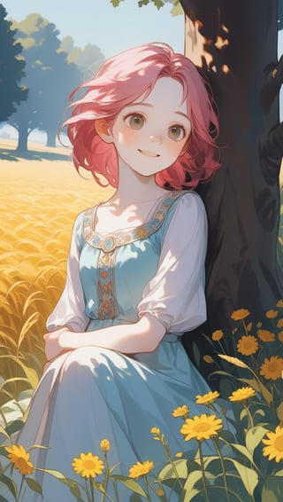 An 18-year-old girl with long pink hair, she looks a little shy, has light freckles on her face, pale to white skin, a smile and a cheerful facial expression, 
she wears light clothing,
the woman is fully visible in the image, resting against a tree which is centered in the image, the right and left sides of the image give a view of a large, sunny wheat field, but the woman takes up most of the space in the image, the whole of her body can be seen.