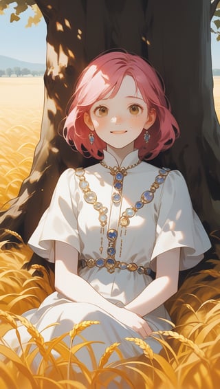 An 18-year-old girl with long pink hair, she looks a little shy, has light freckles on her face, pale to white skin, a smile and a cheerful facial expression, 
she wears light clothing,
the woman is fully visible in the image, resting against a tree which is centered in the image, the right and left sides of the image give a view of a large, sunny wheat field, but the woman takes up most of the space in the image, the whole of her body can be seen.