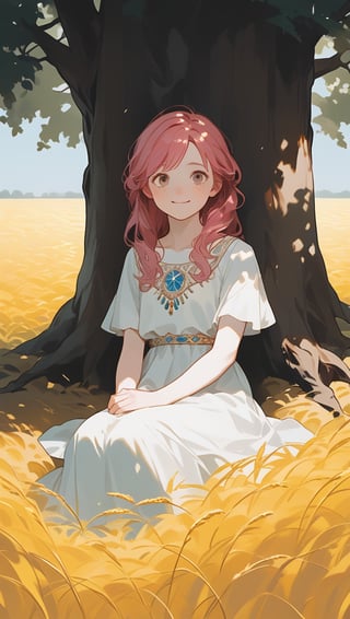 An 18-year-old girl with long pink hair, she looks a little shy, has light freckles on her face, pale to white skin, a smile and a cheerful facial expression, 
she wears light clothing,
the woman is fully visible in the image, resting against a tree which is centered in the image, the right and left sides of the image give a view of a large, sunny wheat field, but the woman takes up most of the space in the image, the whole of her body can be seen.