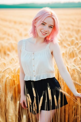 style : whole body visible in the photo, 1girl : young adult, light_pink_hair , freckless, pale_skin, cheerfull_expression, light girly clothing, young adult. BREAK. sunny wheat field