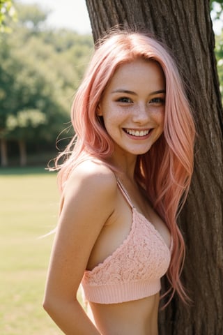 1girl, long_hair,pink_hair, shy, freckles, pale_skin, smile, cheerful_expression, girly_sexy_clothing, full_body, backed_tree, focus_on_body_girl,