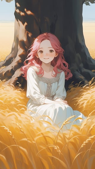 An 18-year-old girl with long pink hair, she looks a little shy, has light freckles on her face, pale to white skin, a smile and a cheerful facial expression, 
she wears light clothing,
the woman is fully visible in the image, resting against a tree which is centered in the image, the right and left sides of the image give a view of a large, sunny wheat field, but the woman takes up most of the space in the image, the whole of her body can be seen.