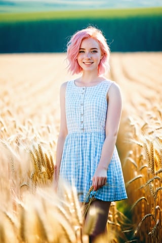 style : whole body visible in the photo, 1girl : young adult, light_pink_hair , freckless, pale_skin, cheerfull_expression, light girly clothing, young adult. BREAK. sunny wheat field