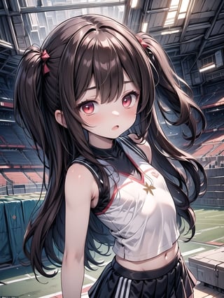 (masterpiece, best quality:1.4), high contrast, ultra details, cinematic lighting, illustration,
1girl, dark red eyes, brown long hair, one side up, flat chest, 
sleeveless cheerleader with skirt, jumping, Sports field