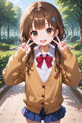 masterpiece, best quality, ultra-detailed, perfect anatomy, High detailed, detailed background, beautiful face,  Uncensored, Claudia, nanasemei, nonomiyatsugumi,

(((a very young child))), infant body shape, flat chest, No public hair, extremely pretty face, beautiful face, ultra-detaild face, cute face, shiny brown hair, medium hair, low twintails,
hairpin, ultra-detailed eyes, round eyes, big eyes, droopy eyes,  dark brown eyes, beautiful eyebrow, (eyelashes:0.4), Bishojo, beautiful nose,

looking at viewer, blush, open mouth, smile, double Peace,
cardigan, mini skirt,

park, woods, cute pose

,perfect fingers, score_9, score_8_up, score_7_up,Expressiveh, concept art,  Anime ,hentai, dark theme, 