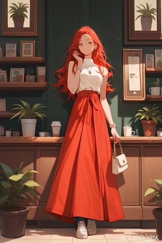 score_9, score_8_up, score_7_up, score_6_up, score_5_up, score_4_up, ((Cinematic)), (extremely detailed fine touch: 1.2),(masterpiece), (best quality),
1girl, solo, long hair, red skirt, red hair, holding, jewelry, standing, full body, shoes, sleeveless, indoors, hand up, bag, bracelet, crop top, plant, denim, long skirt, in a coffee shop, watch, handbag, wristwatch, potted plant, wide shot, photo background, sexy,fflixmj6,more detail XL,long_sleeves, perfect hands, perfect face, perfects fingers, cityscape, detailed mouth,jaeggernawt,girlnohead,Add_More_Details