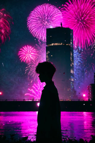 3 persons(1girl,1littleboy,1man),long girl hair, 1girl, shirt, red girl hair, 1littleboy, black boy hair, 1bigman, black man hair (holding hands ), flower, outdoors, sky, from the front, petals, night, plant, building, night sky, scenery, pink flower, city, facing away, fireworks,	 SILHOUETTE LIGHT PARTICLES,neon background