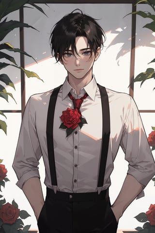 (masterpiece, best quality, highres:1.3), ( young handsome man, black hair, short hair, black eyes, glowing eyes, levi ackerman hairstyle,)  solo, looking at viewer, shirt,  white shirt, upper body, flower, male focus, open clothes, collared shirt, pants, open shirt, rose, suspenders, plant, red flower, red rose, smiling