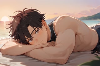 Score_9, Score_8_up, Score_7_up, Score_6_up, Score_5_up, Score_4_up,a man black hair
man lying on the beach, sunset, swimsuit, sexy, blushing,

,stark_sousou_no_frieren