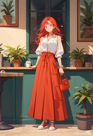 score_9, score_8_up, score_7_up, score_6_up, score_5_up, score_4_up, ((Cinematic)), (extremely detailed fine touch: 1.2),(masterpiece), (best quality),
1girl, solo, long hair, red skirt, red hair, holding, jewelry, standing, full body, shoes, sleeveless, indoors, hand up, bag, bracelet, crop top, plant, denim, long skirt, in a coffee shop, watch, handbag, wristwatch, potted plant, wide shot, photo background, sexy,fflixmj6,more detail XL,long_sleeves, perfect hands, perfect face, perfects fingers, cityscape, detailed mouth,jaeggernawt,girlnohead