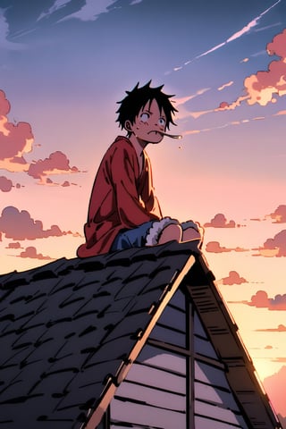 luffy looking at the sky sitting on the roof of a house, sunset_behind, tired_face, snorting, beautiful_sunset, pink_tones_in_the_sky, beautiful_clouds
