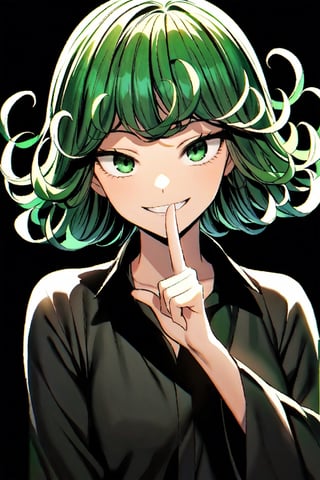 tatsumaki looking at the camera smiling while shushing with his finger, black_background, dark_filter, dark_ambient, visible_teeth, squinted_eyes