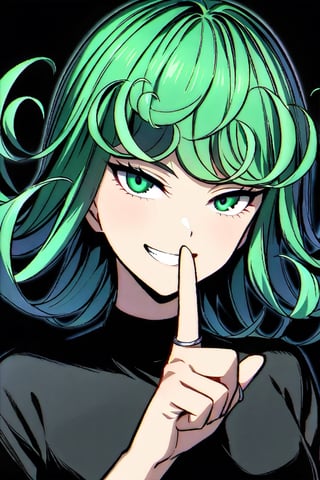 tatsumaki looking at the camera smiling while shushing with his finger, black_background, dark_filter, dark_ambient, visible_teeth, squinted_eyes, rings_on_fingers, no_ilumination