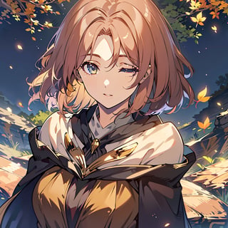 1girl,solo,best quality,highres,ultra-detailed,high_resolution,ultra-detailed,best quality, ultra realistic, 8k resolutions ,masterpiece, beautiful lips,detailed eyes,Detailed Hair,short hair,longhair,full_body,Big golden tree with golden leaves in the background,,low_angle,dynamic_pose,full_body,(illustration:0.8),
 (beautiful detailed eyes:1.6),((pale skin 1,5)), (perfect hands, perfect anatomy),extremely detailed face, perfect lighting,((short hair )),,Left eye closed ,melina \(elden ring\),Melina,cloak