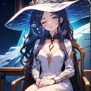 1girl,solo,best quality,highres,ultra-detailed,high_resolution,ultra-detailed,best quality, ultra realistic, 8k resolutions ,masterpiece, beautiful lips,detailed eyes,Detailed Hair,long hair,longhair,full_body,((Blue Hair)),Sitting in a chair with crystals around her,low_angle,dynamic_pose,full_body,(illustration:0.8),
 (beautiful detailed eyes:1.6),((pale skin 1,5)), (perfect hands, perfect anatomy),extremely detailed face, perfect lighting,((long hair )),starry sky, ,Dungeon, cave with ice walls ,sparky magic-energy, strong wind, sky full of stars and nebula background,White Dress,ExtraFacesRanni,IncrsRnnThWtch,ranni the witch,doll, doll_joints,White hat,bluish skin,Blue Skin,Bright full moon,cracks on the face,ranni-default,wavy hair, (4 arms:1.1), (multiple faces:1.1), blue skin, colored skin, cracked skin, doll joints, witch hat, white headwear, white dress, long sleeves, fur cloak, brown cloak, sitting, own hands together, 
