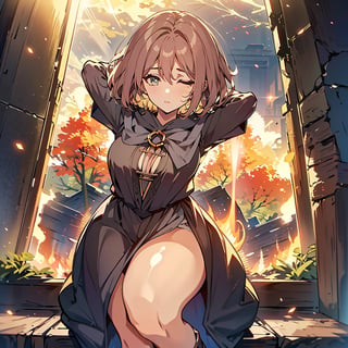 1girl,solo,best quality,highres,ultra-detailed,high_resolution,ultra-detailed,best quality, ultra realistic, 8k resolutions ,masterpiece, beautiful lips,detailed eyes,Detailed Hair,short hair,longhair,((full_body)),Big golden tree with golden leaves in the background,((low_angle)),dynamic_pose,full_body,(illustration:0.8),
 (beautiful detailed eyes:1.6),((pale skin 1,5)), (perfect hands, perfect anatomy),extremely detailed face, perfect lighting,((short hair )),,Left eye closed ,melina \(elden ring\),Melina,cloak,Fire in the background,((arms behind head)),,Girl on fire,Flowing Cloak,Walking,Taking off the hood,Boots,Long dress,melina (elden ring)